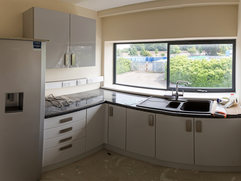 upper office area kitchen completed