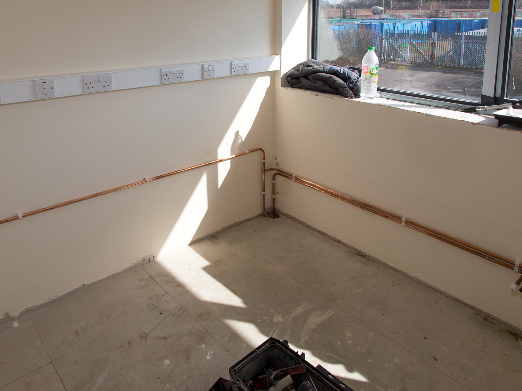 upper office and kitched area install of water and electrics now complete